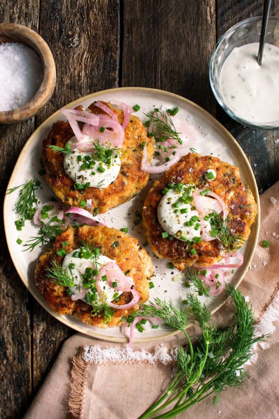 Rye Salmon Cakes with Yogurt Sauce & Pickled Shallots