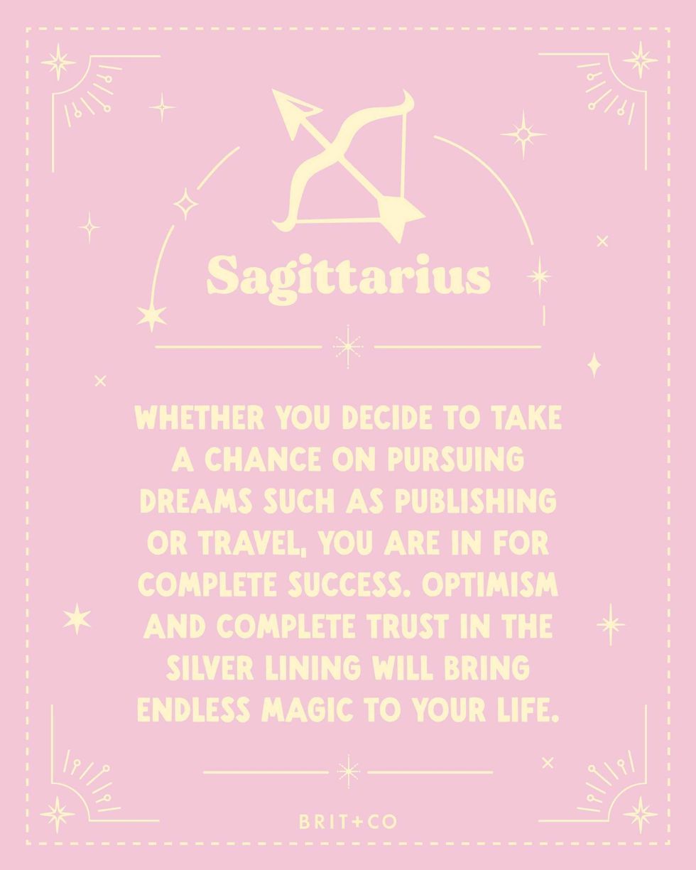 Sagittarius horoscope text with arrow symbol on pink background.