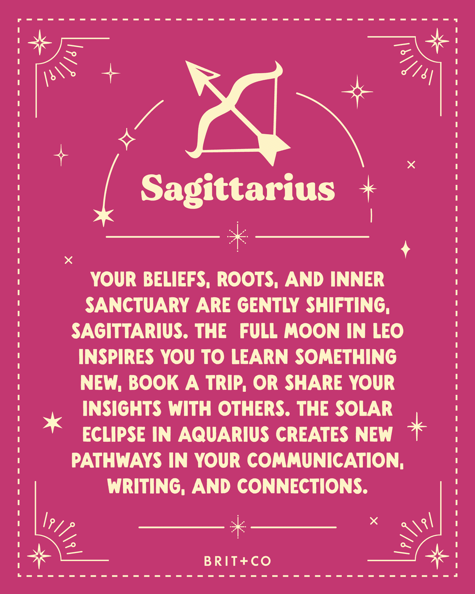 Sagittarius horoscope with text on a pink background, featuring star and arrow symbols.