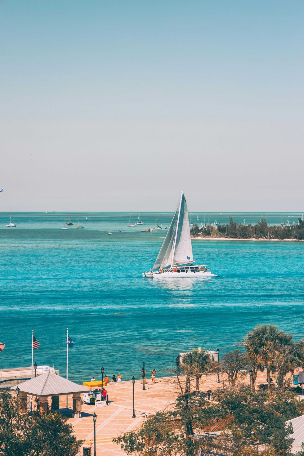 Sailboat on turquoise water near a park with trees and people, under a clear blue sky.