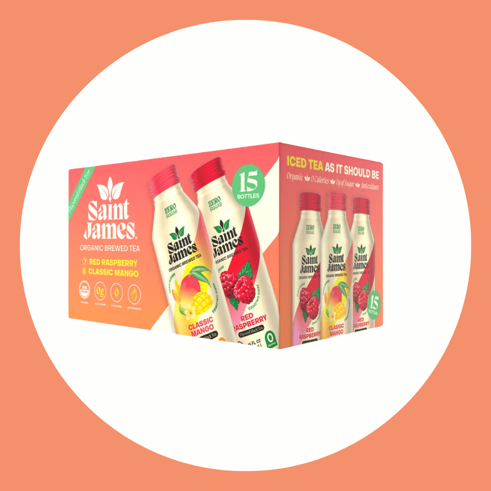 Saint James organic tea pack, red raspberry and classic mango flavors, 15 bottles.