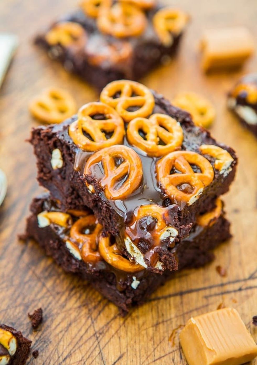 Salted Caramel Pretzel Topped Fudgy Brownies