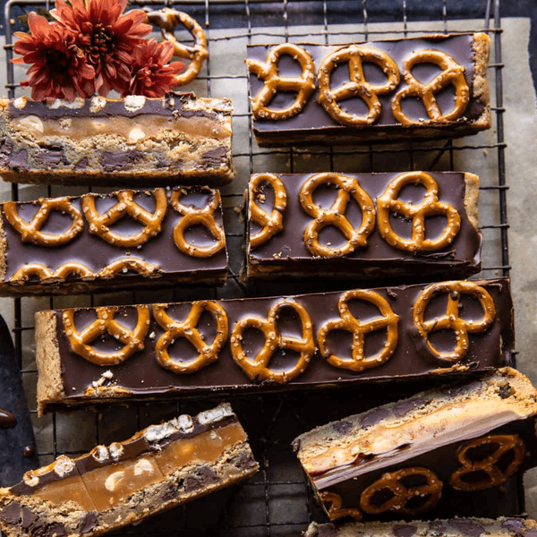 Salted Pretzel Chocolate Chip Cookie Snickers Bars