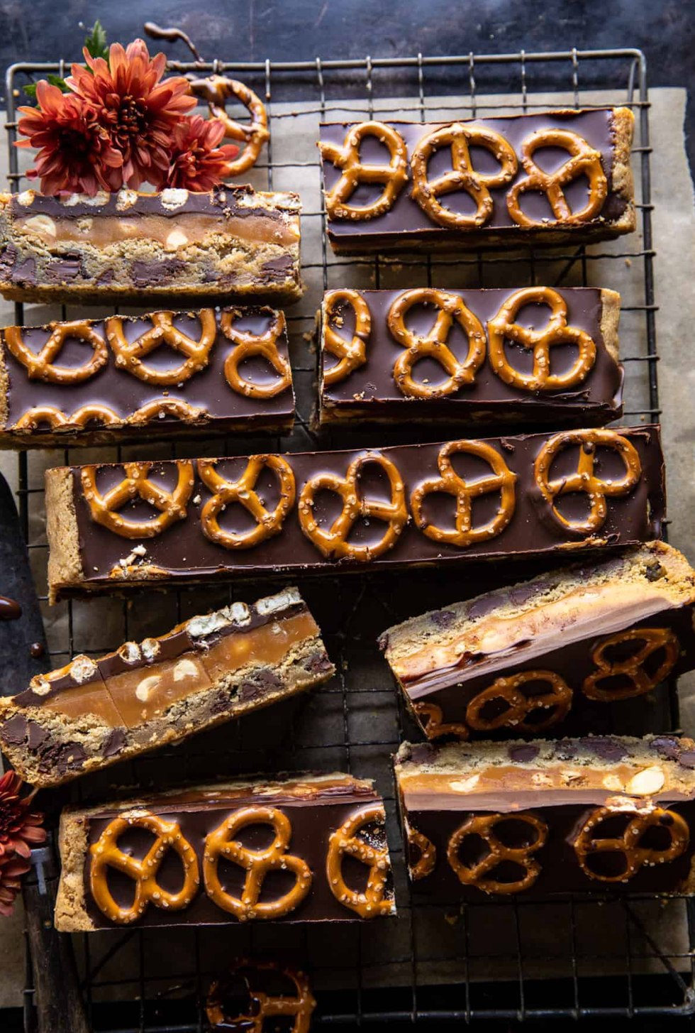 Salted Pretzel Chocolate Chip Cookie Snickers Bars