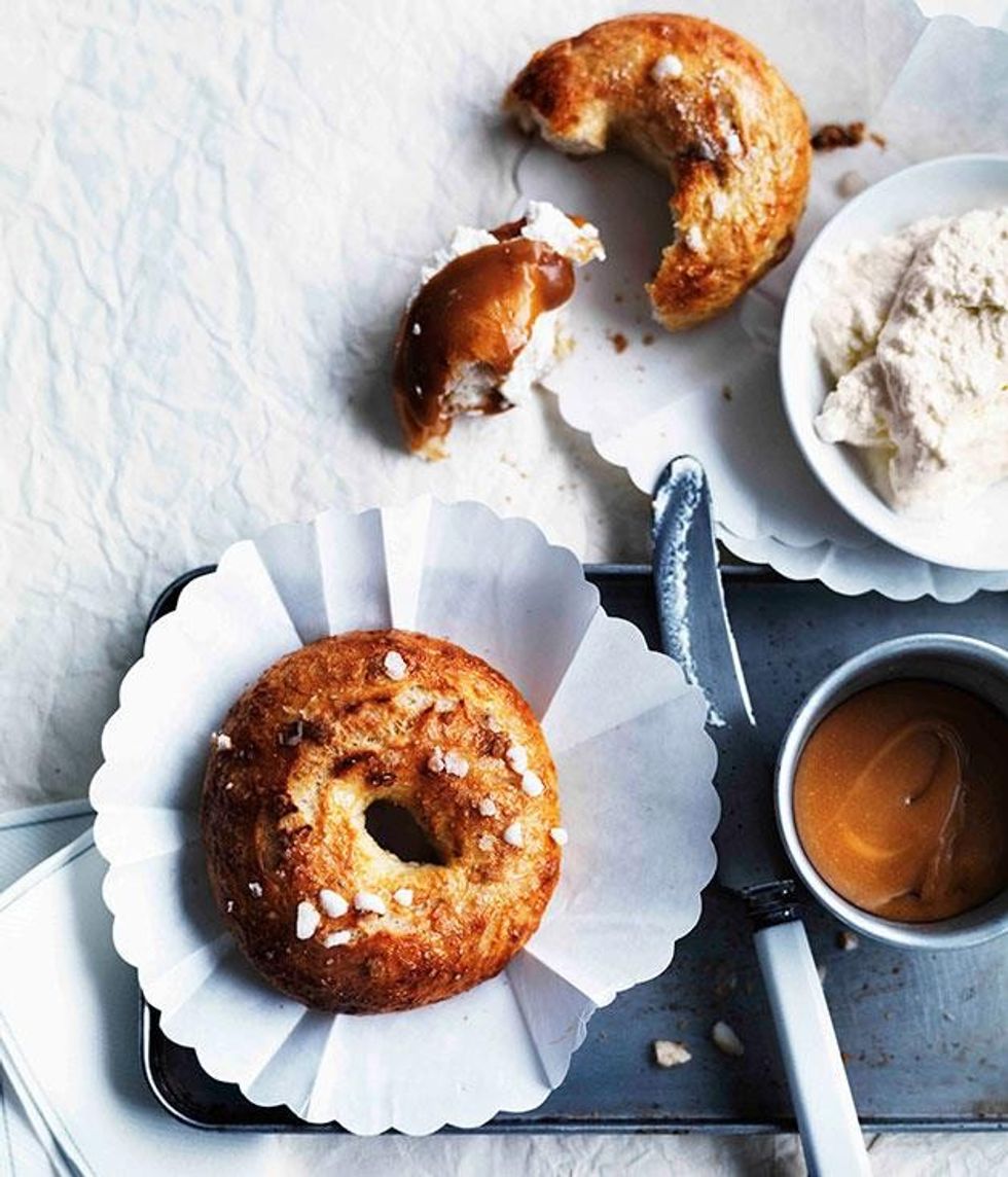Salty-Sweet Bagels with Ricotta + Caramel Sauce