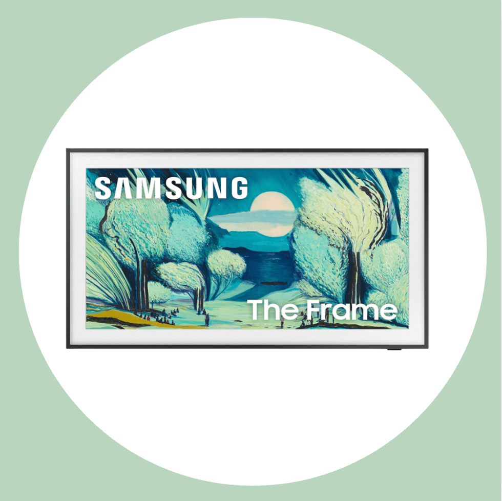Samsung The Frame display showing a stylized landscape painting.