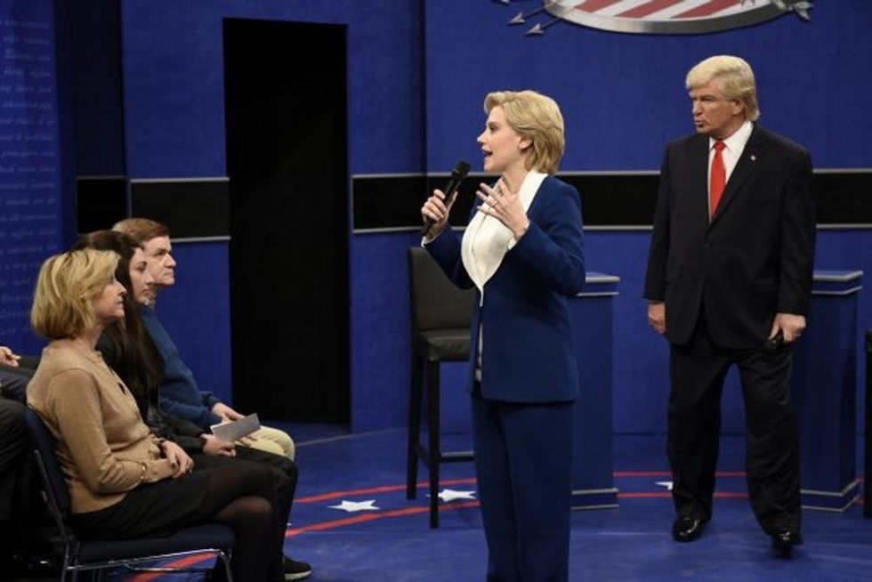 SATURDAY NIGHT LIVE -- "Emily Blunt" Episode 1707 -- Pictured: (l-r) Kate McKinnon as Democratic Presidential Candidate Hillary Clinton and Alec Baldwin as Republican Presidential Candidate Donald Trump during the "Debate Cold Open" sketch on October 15, 2016 -- (Photo by: Will Heath/NBC/NBCU Photo Bank via Getty Images)