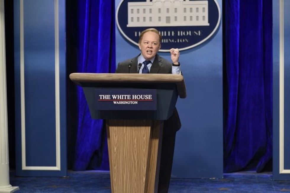 SATURDAY NIGHT LIVE -- "Kristen Stewart" Episode 1717 -- Pictured: Melissa McCarthy as Press Secretary Sean Spicer during the "Sean Spicer Press Conference" sketch on February 4th, 2017 -- (Photo by: Will Heath/NBC/NBCU Photo Bank via Getty Images)