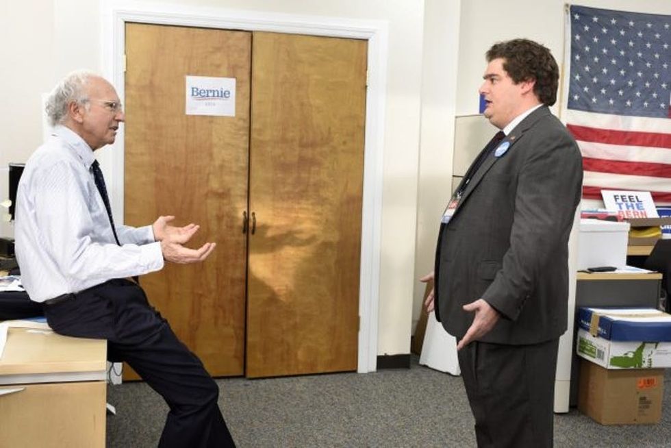 SATURDAY NIGHT LIVE -- "Larry David" Episode 1695 -- Pictured: (l-r) Larry David as Senator Bernie Sanders and Bobby Moynihan as Jeff Garlin during the "Bern Your Enthusiasm" sketch on February 6, 2016 -- (Photo by: Dana Edelson/NBC/NBCU Photo Bank via Getty Images)