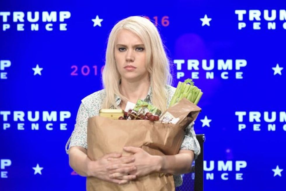 SATURDAY NIGHT LIVE -- "Lin-Manuel Miranda" Episode 1706 -- Pictured: Kate McKinnon as Kellyanne Conway during the "A Day Off" sketch on October 4, 2016 -- (Photo by: Rosalind O'Connor/NBC/NBCU Photo Bank via Getty Images)