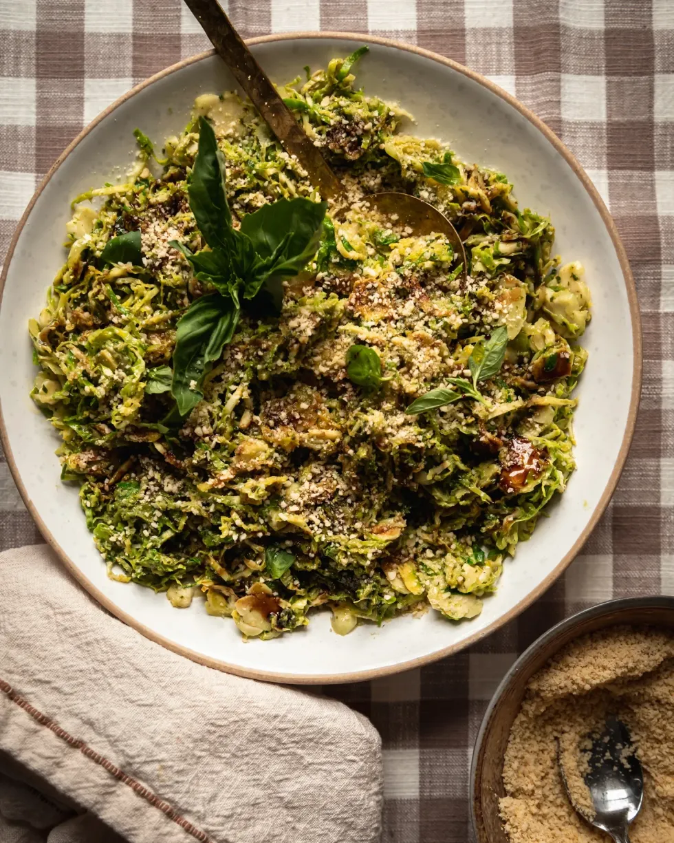 Saut\u00e9ed Shaved Brussel Sprouts with Pesto