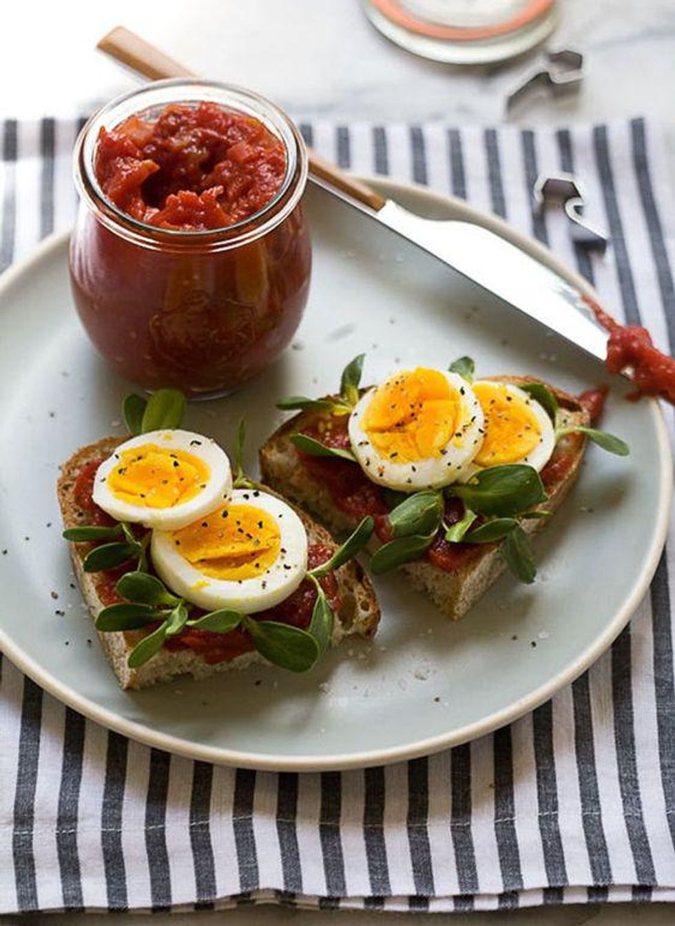 savory tomato jam on toast with hardboiled eggs