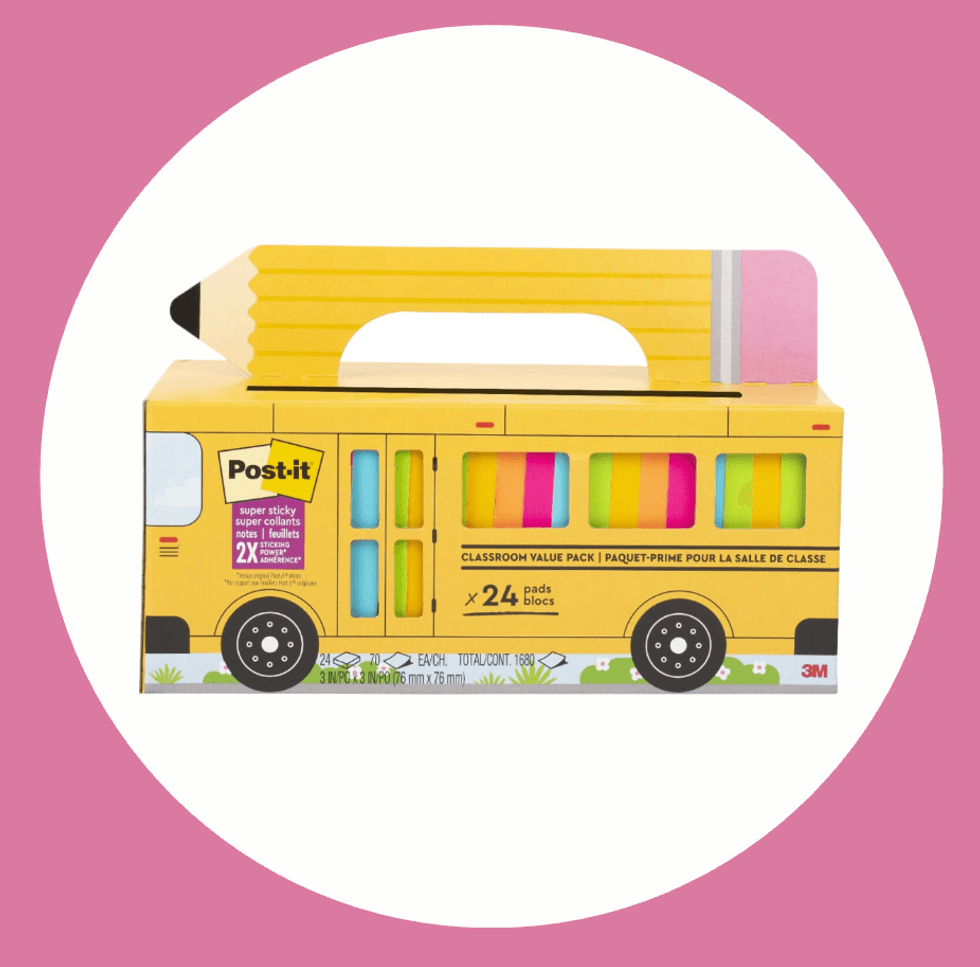 School bus-shaped Post-it note pack with colorful notes inside.