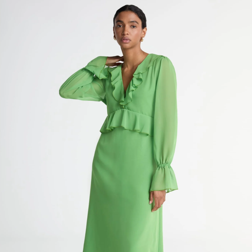 Scoop Chiffon Ruffle Long Sleeve Maxi Dress