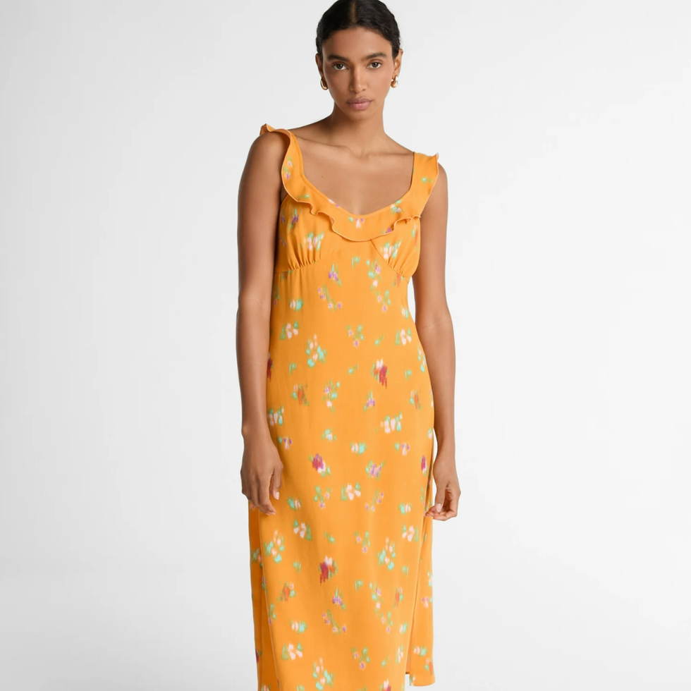 Scoop Ruffle Neckline Satin Midi Dress