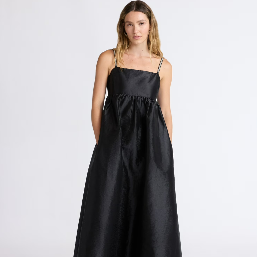 Scoop Taffeta Maxi Dress With Embellished Straps