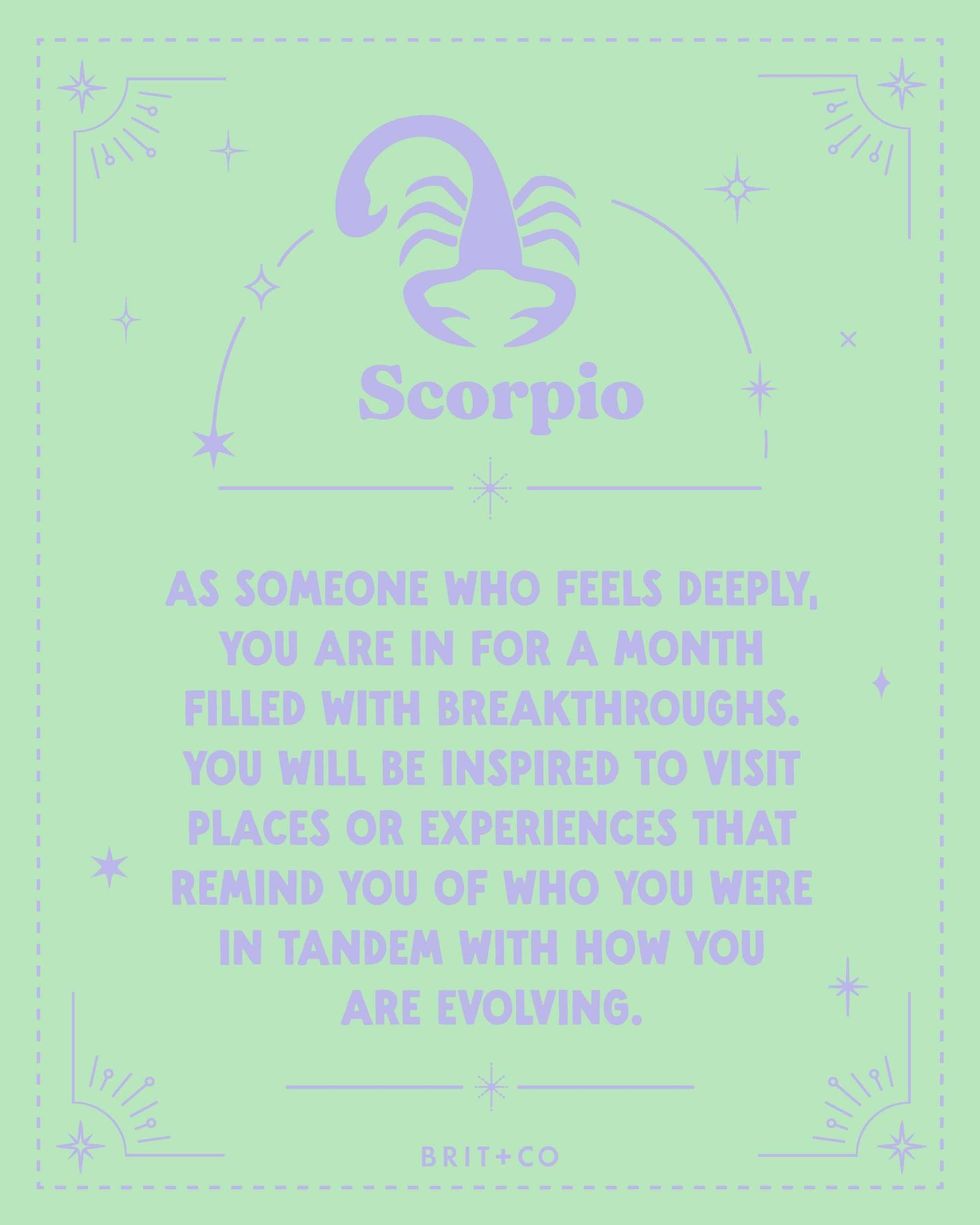 Scorpio horoscope with inspirational text about personal growth and breakthroughs.