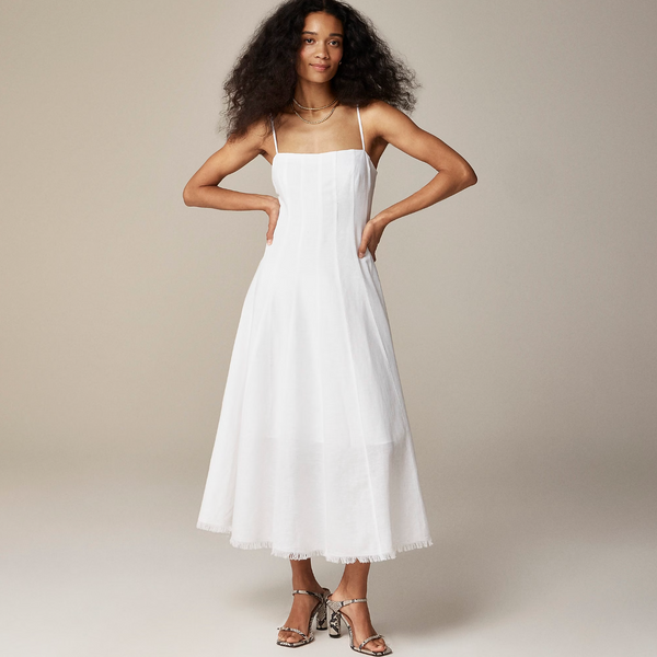 Seamed Flare Midi Dress in White Linen Blend