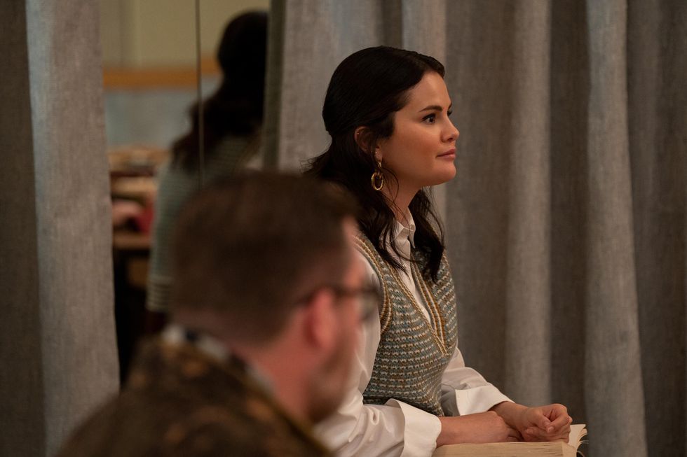 selena gomez in a sweater vest inspired by little shop of horrors