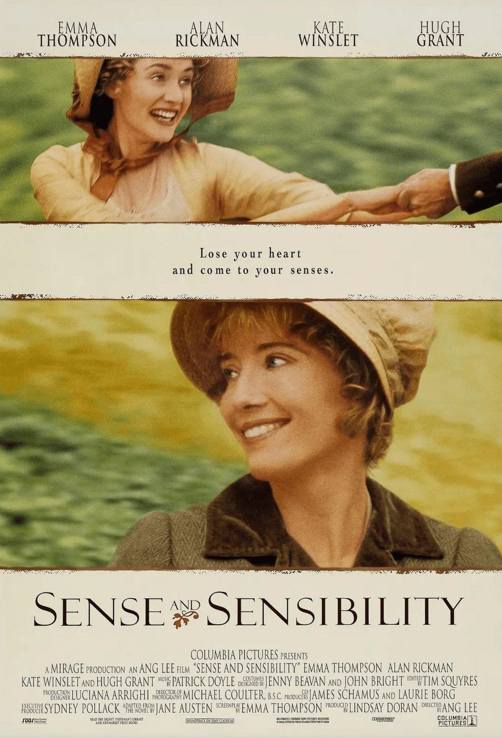 "Sense and Sensibility" movie poster with smiling woman in period attire.