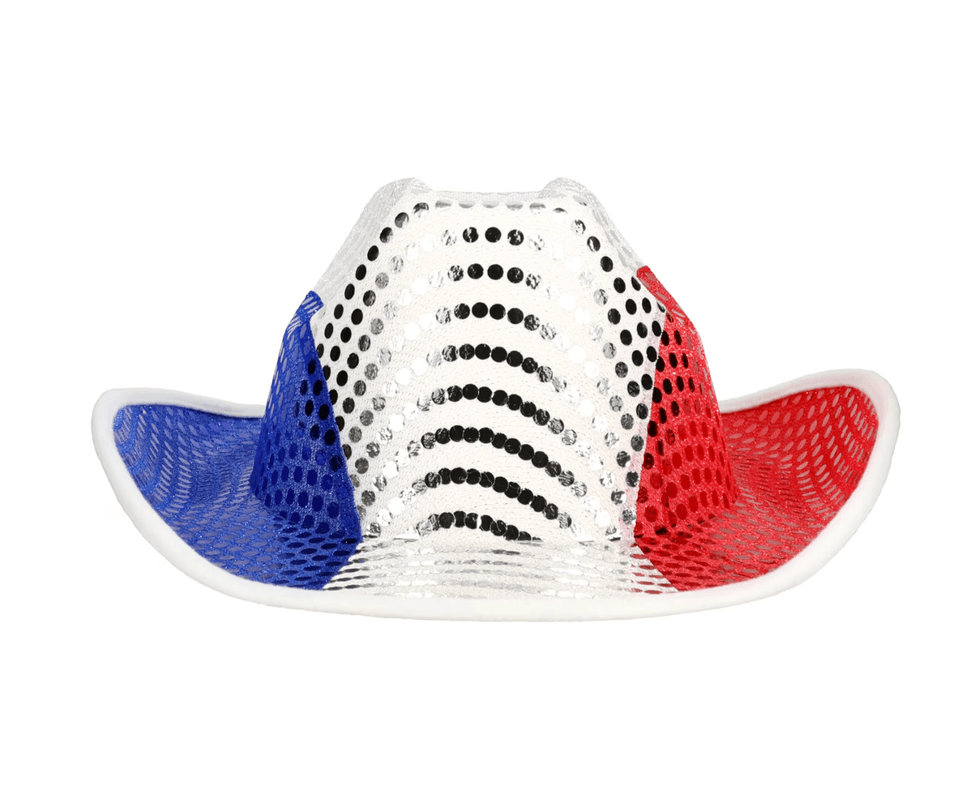 Sequined cowboy hat with red, white, and blue panels.