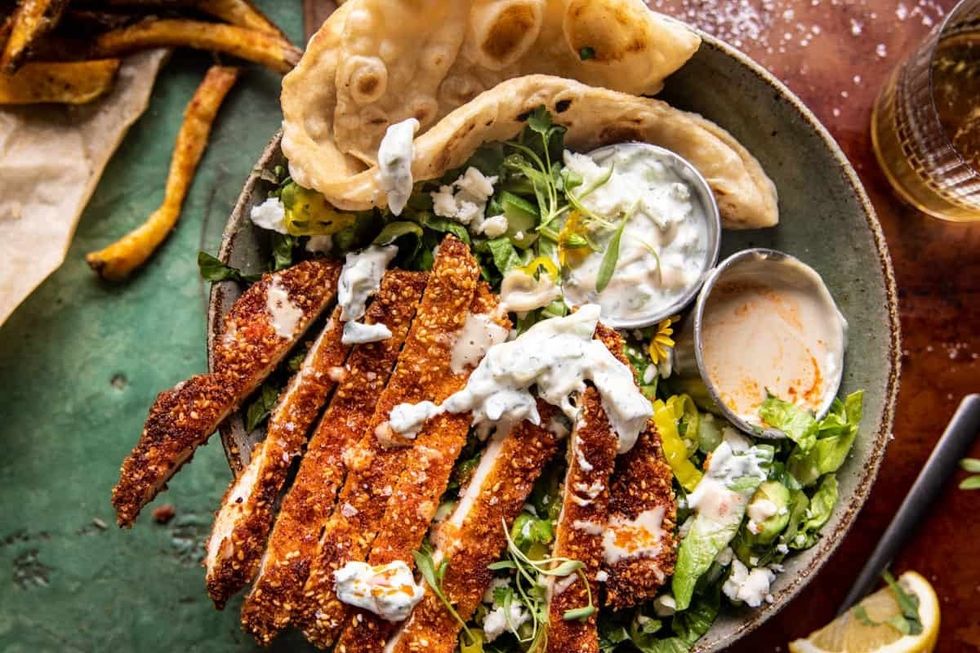 sesame chicken schnitzel bowls with feta tzatziki