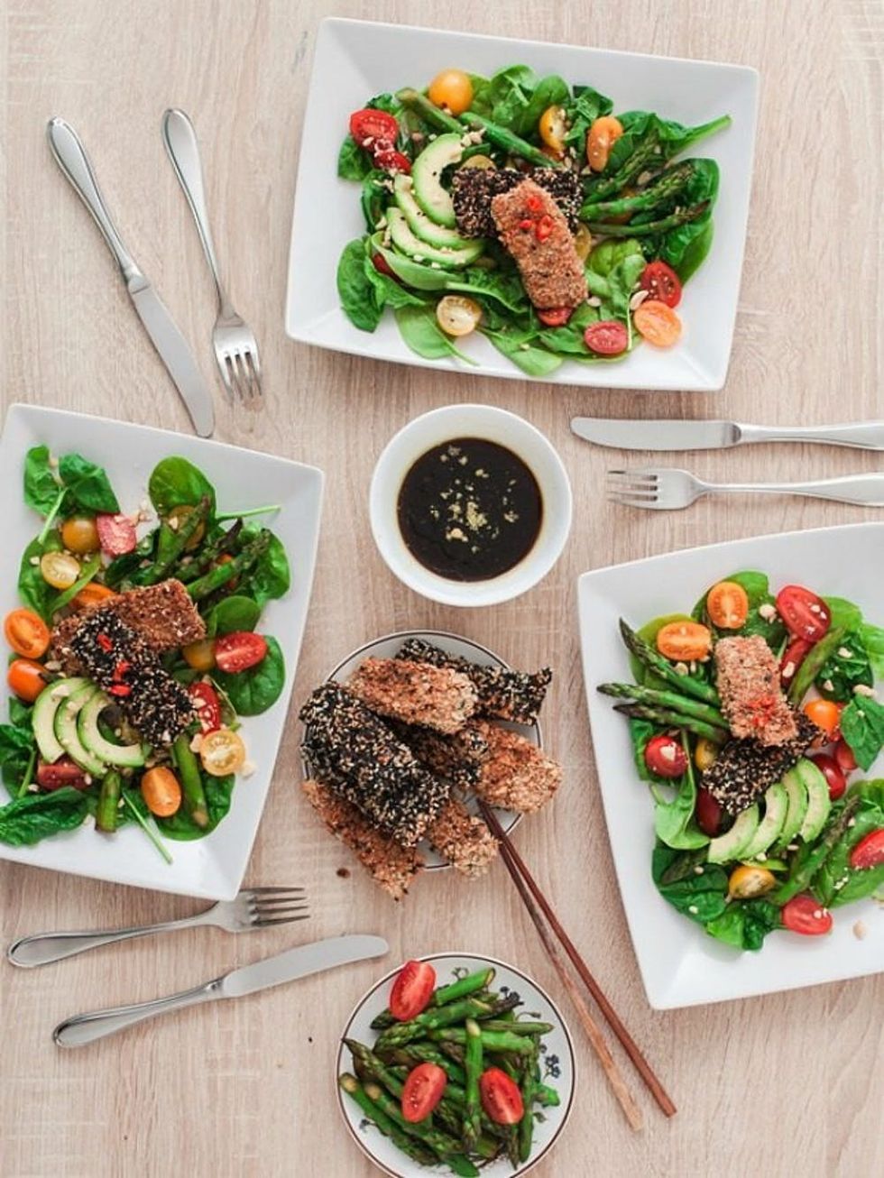 Sesame Fish Sticks on a Summery Salad With Soy Dressing