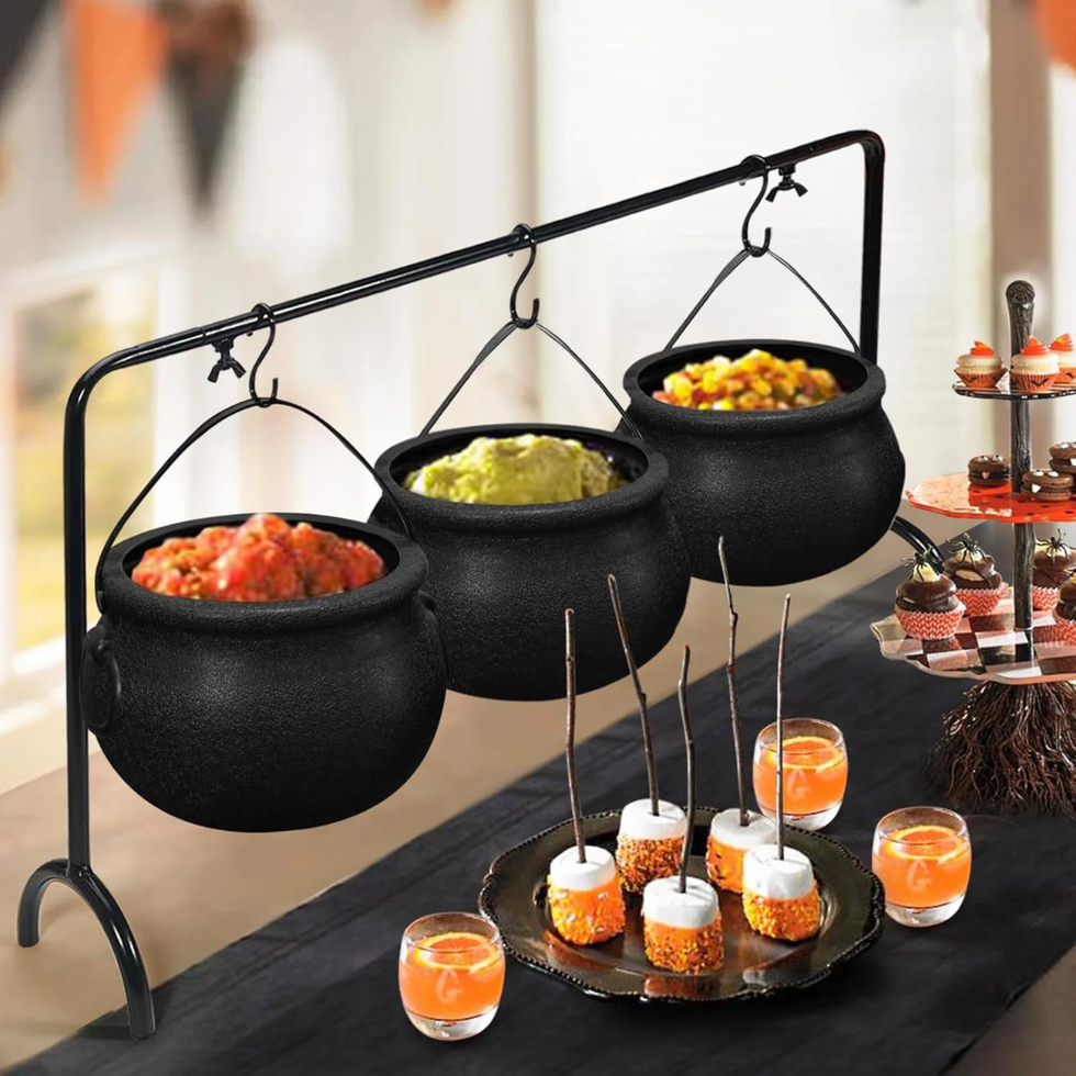 Set Of 3 Witches Cauldron Serving Bowls + Rack