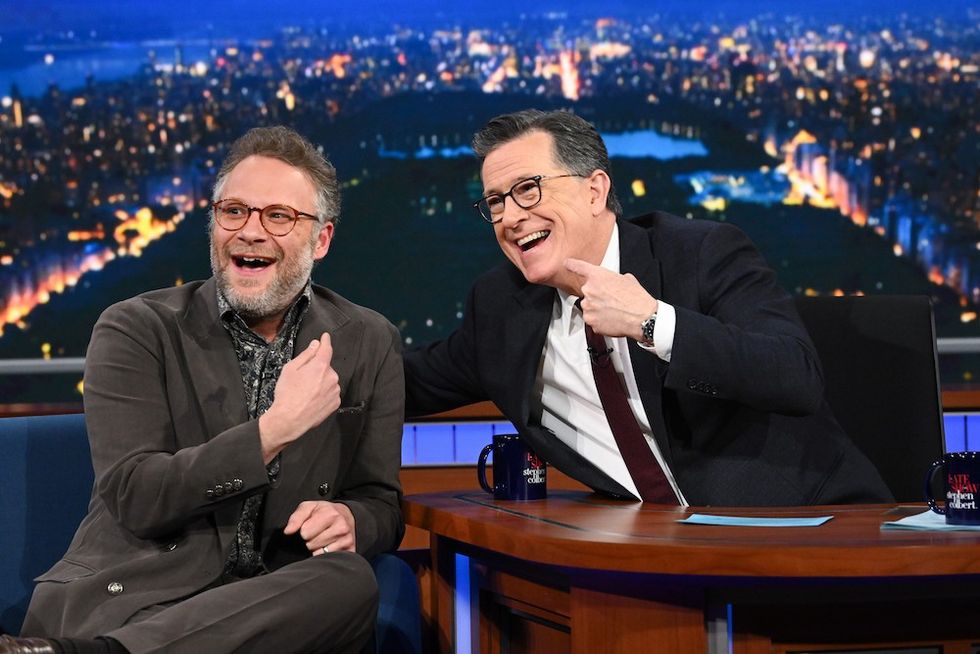 Seth Rogen and Stephen Colbert on The Late Show With Stephen Colbert