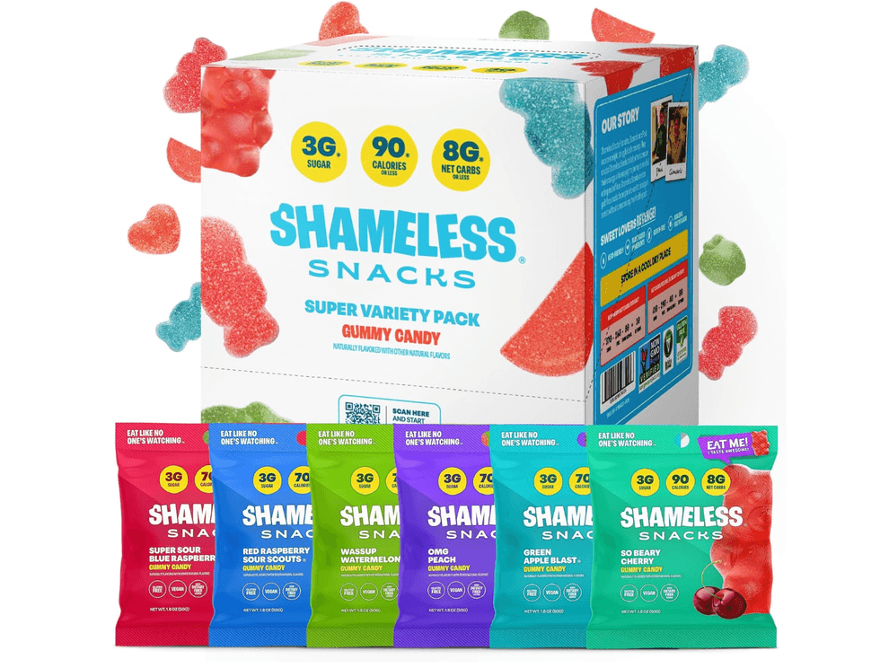 Shameless Snacks gummy variety pack with assorted flavors and colorful packaging.