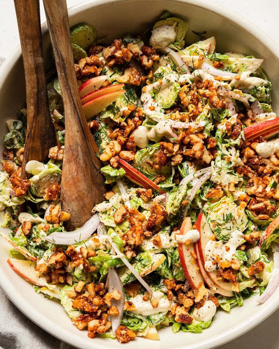 Shaved Brussels Sprouts Salad with Creamy Garlic Dressing & Spiced Maple Walnuts