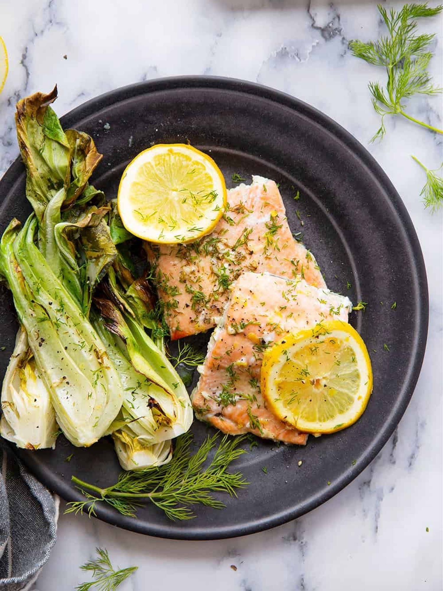 Sheet Pan Lemon Dill Salmon with Baby Bok Choy