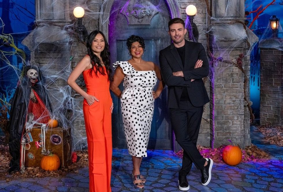 Shinmin Li, Aarti Sequeira, and Jonathan Bennett on Halloween Wars on HBO Max