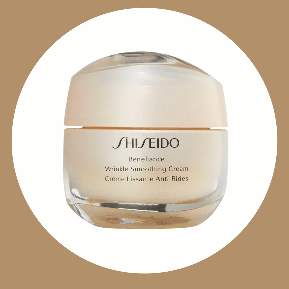 Shiseido Benefiance Wrinkle Smoothing Cream in a round, beige jar.
