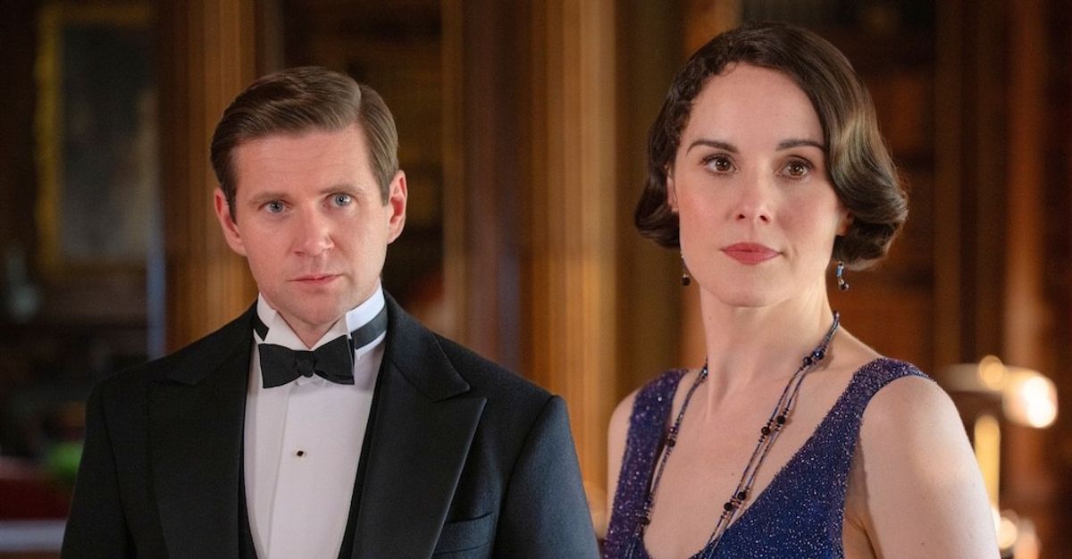 shows like downton abbey Two people in formal attire, a tuxedo, and a beaded dress, in an elegant room.