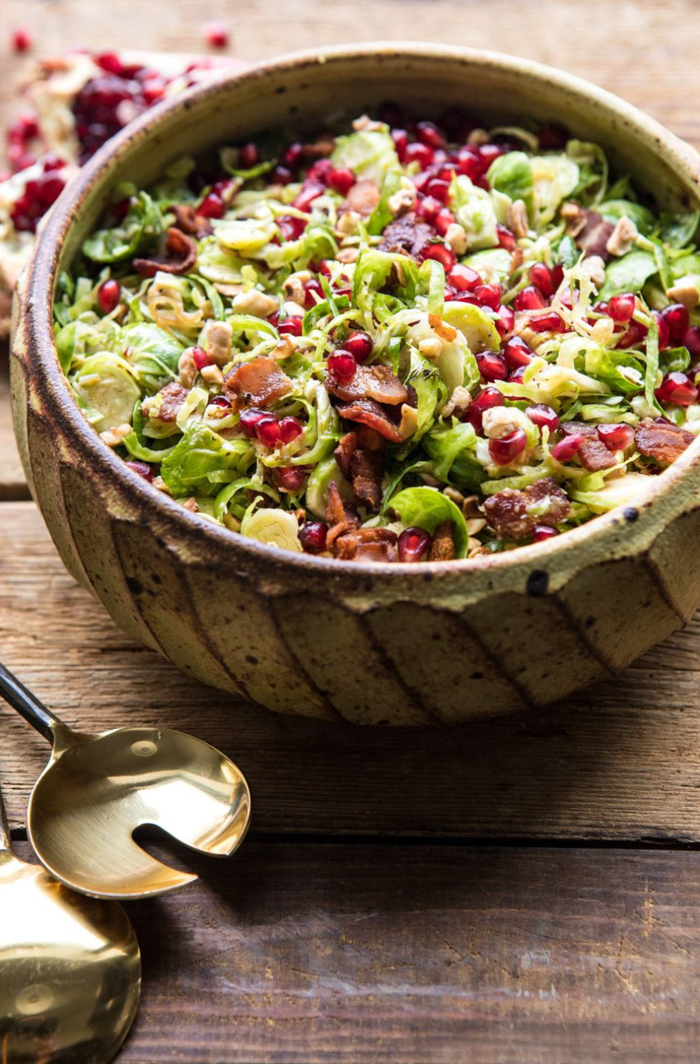 Shredded Brussels Sprout Bacon Salad with Warm Cider Vinaigrette