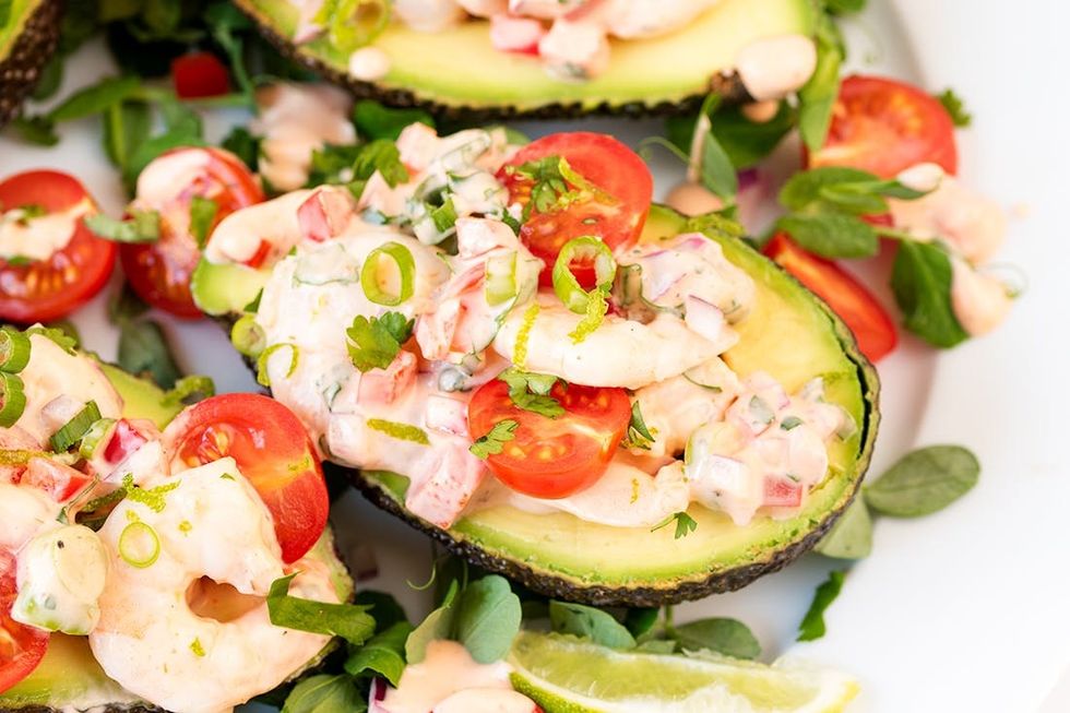 Shrimp Stuffed Avocado With The BEST (and easiest) Seafood Sauce.