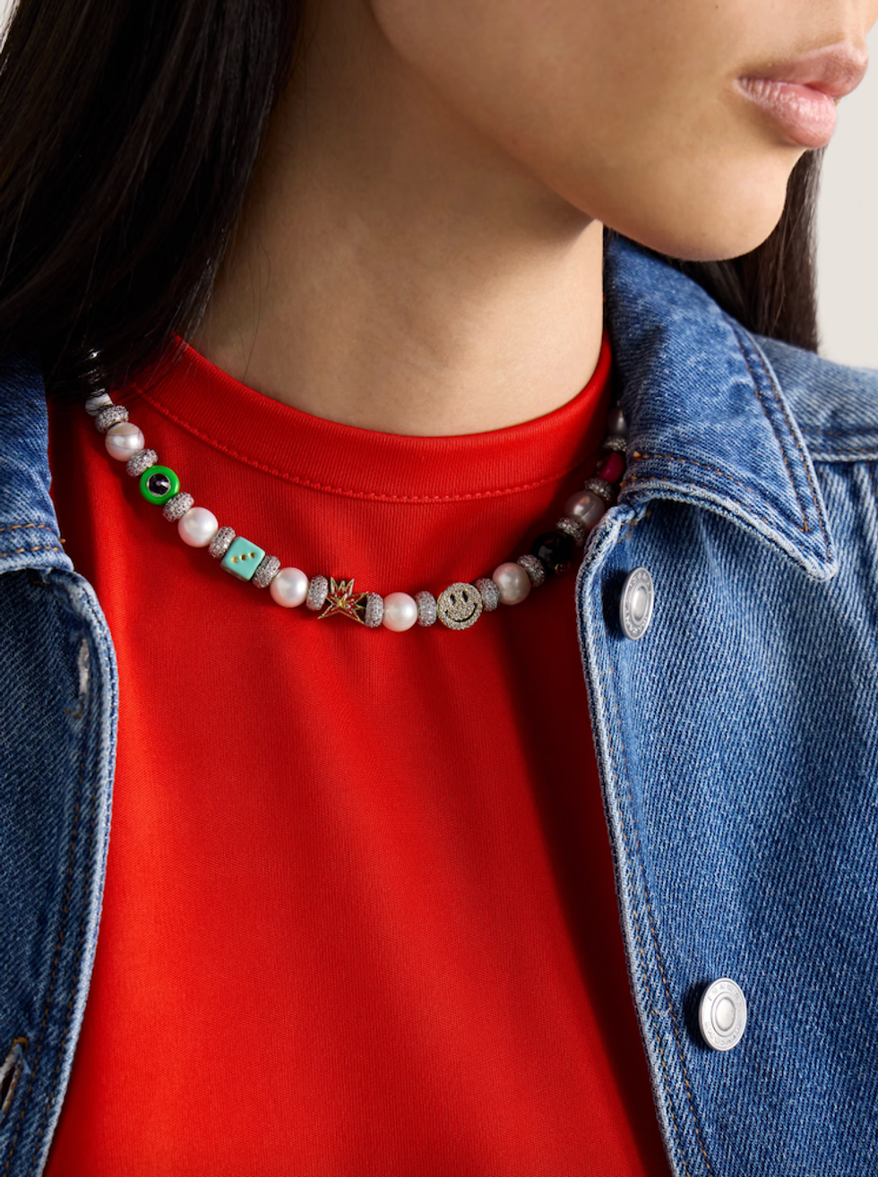 Silver and Gold-Plated, Pearl, Enamel and Crystal Necklace