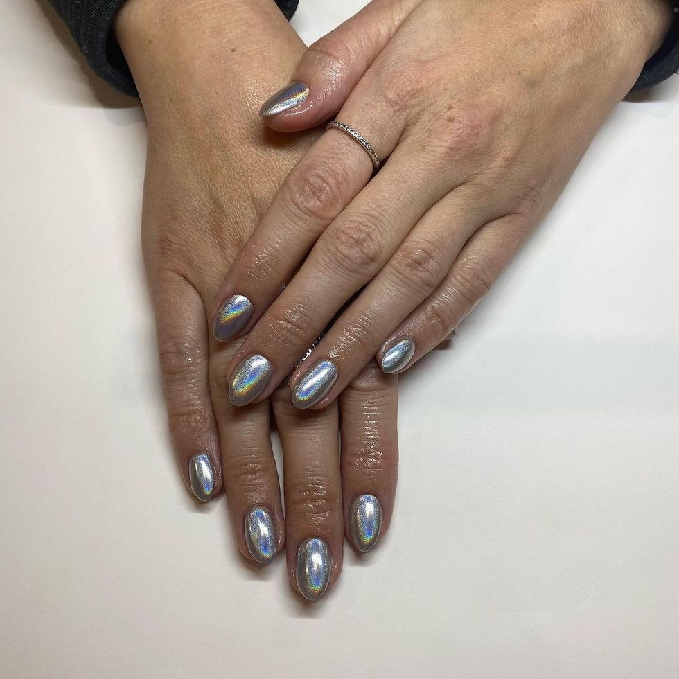 silver chrome almond shaped nails