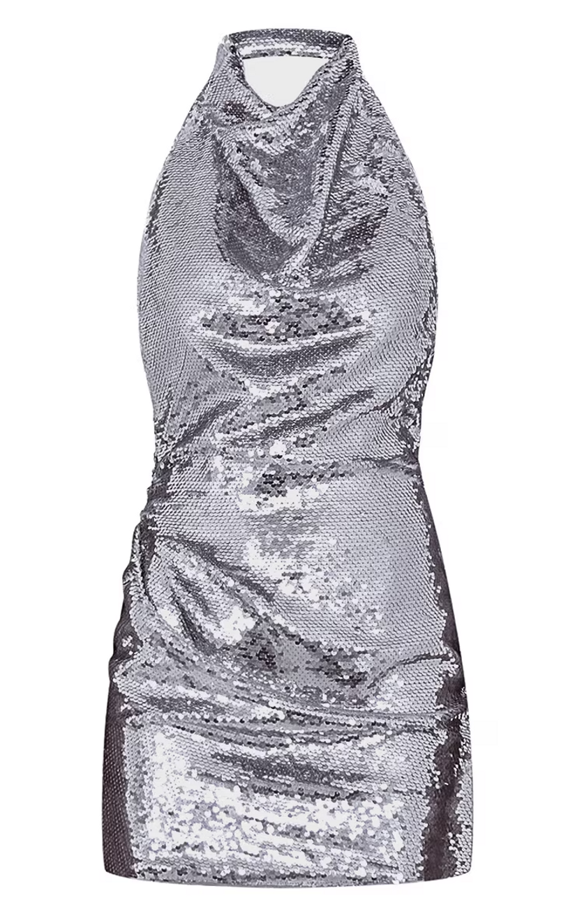 Prettylittlething Naomi Campbell Women's Silver Sequin High Neck Backless Bodycon Dress - Size 8