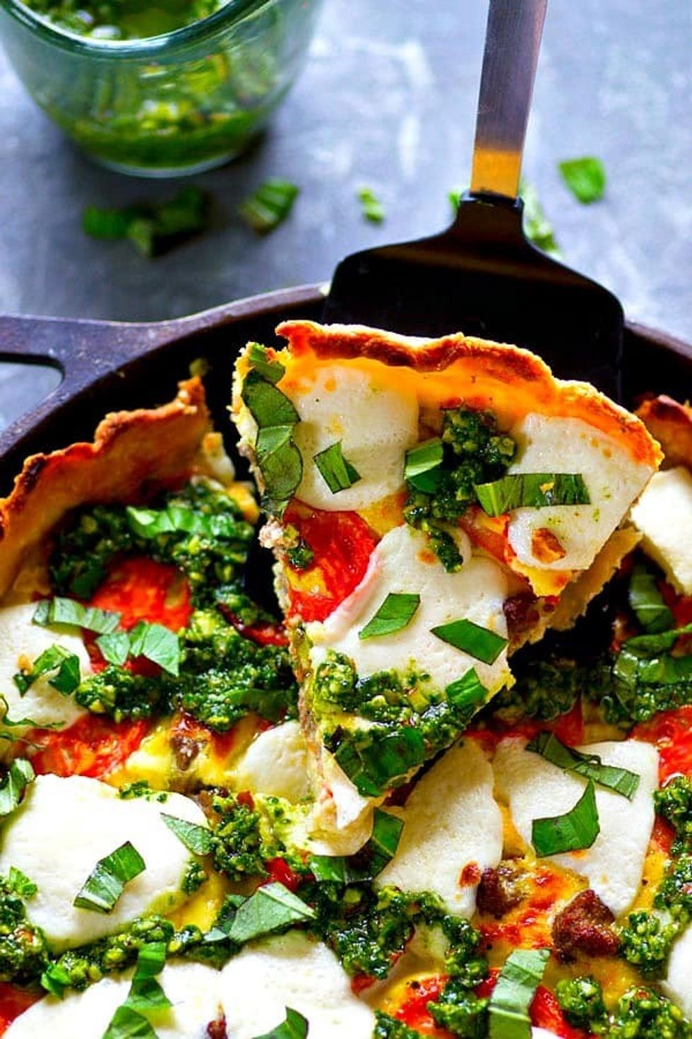 Skillet Basil Pesto Sausage Caprese Quiche