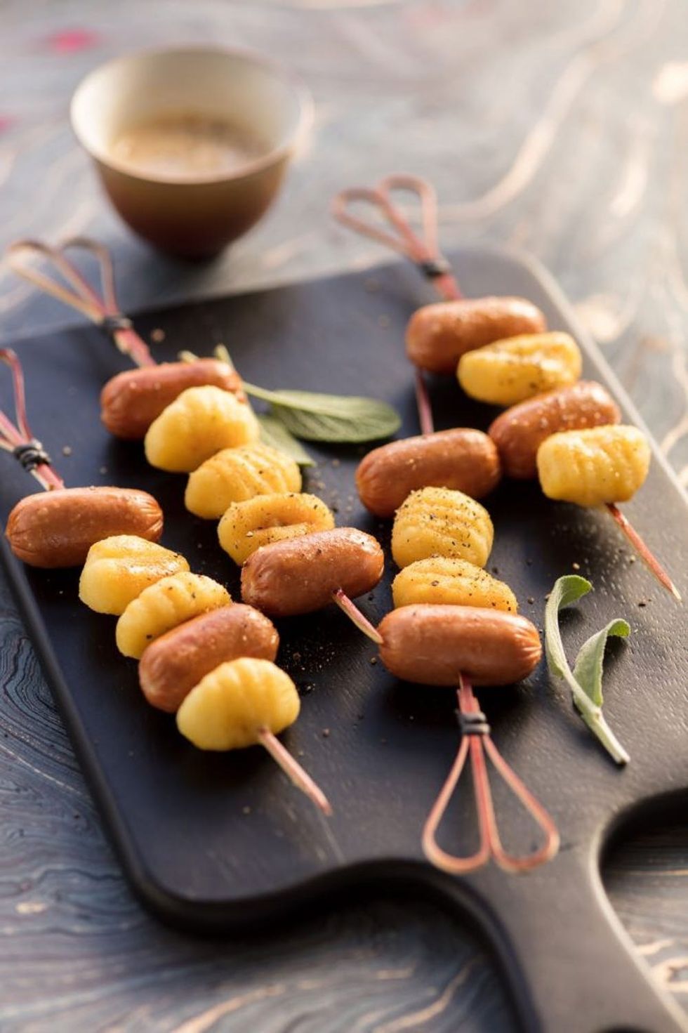 Skillet Gnocchi, Mini Sausage, and Sage Skewers