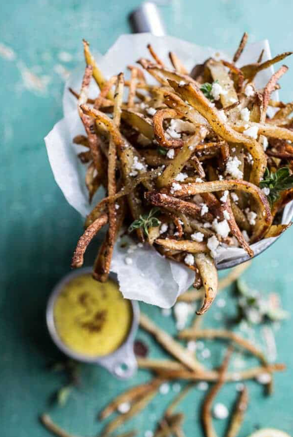 Skinny Greek Feta Fries With Roasted Garlic Saffron Aioli