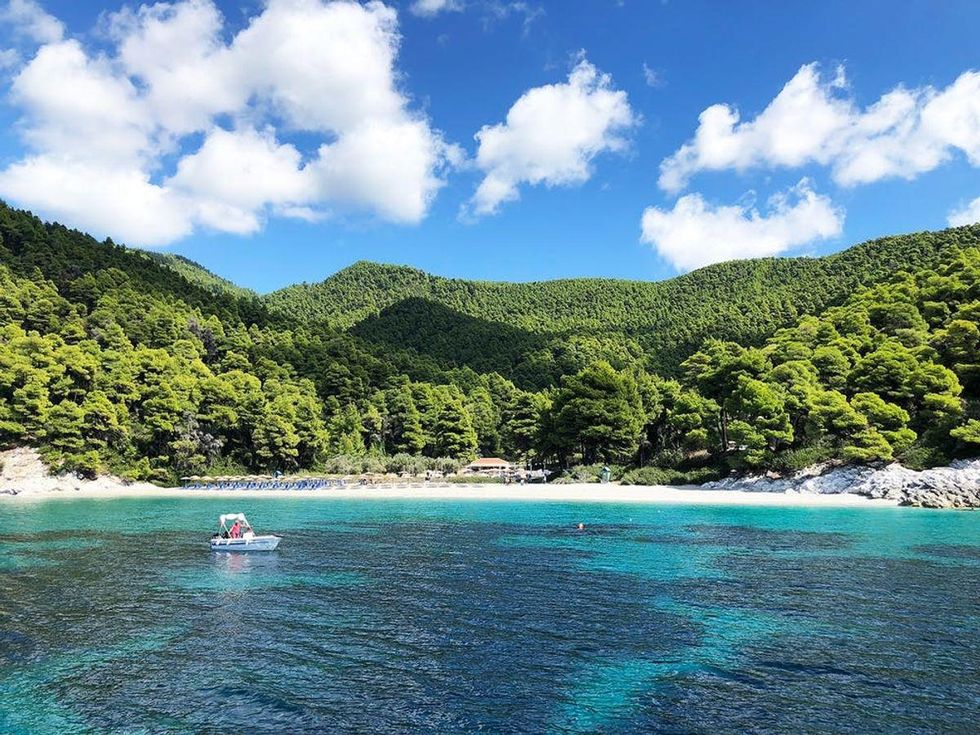 Skopelos greece beach and lush green trees
