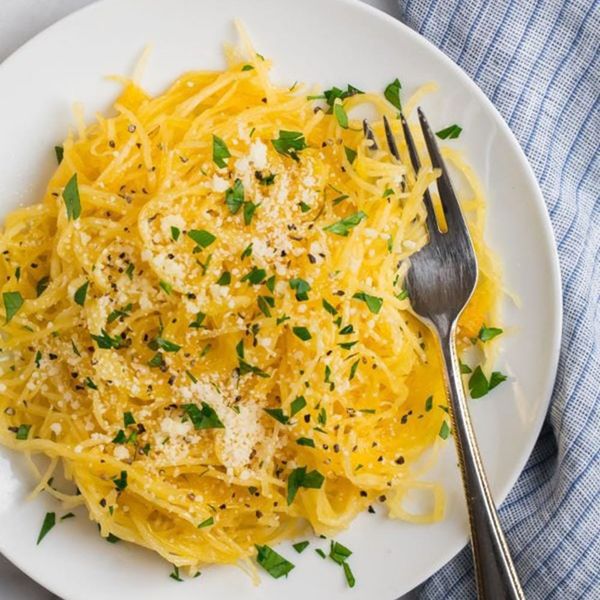 Slow-Cooked Spaghetti Squash in a white plate