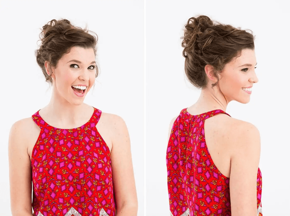 Smiling woman in red patterned dress with hair up, facing forward and back, on white background.