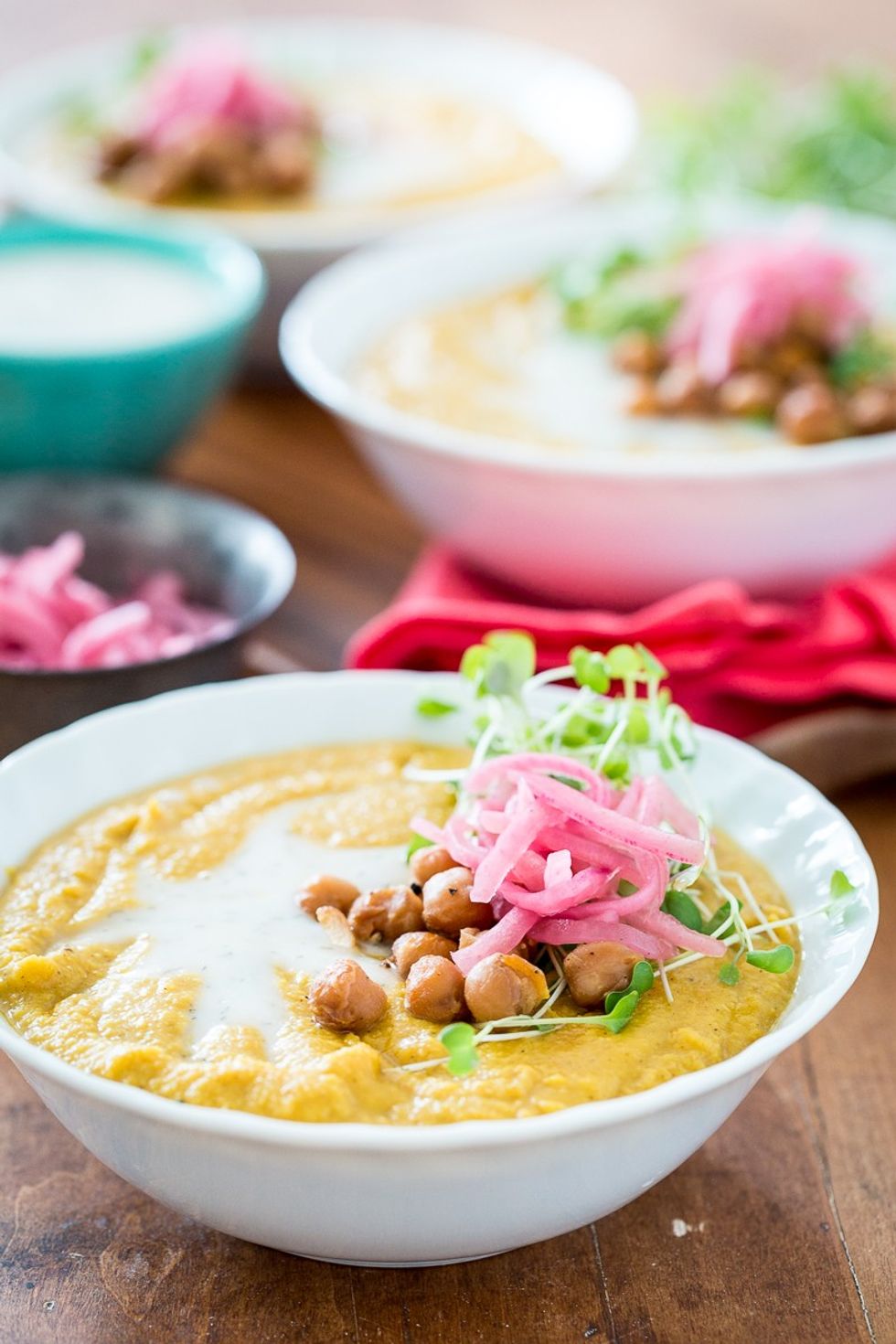 Smoky Yellow Split Pea Soup With Chickpea, Bacon and Pickled Red Onion