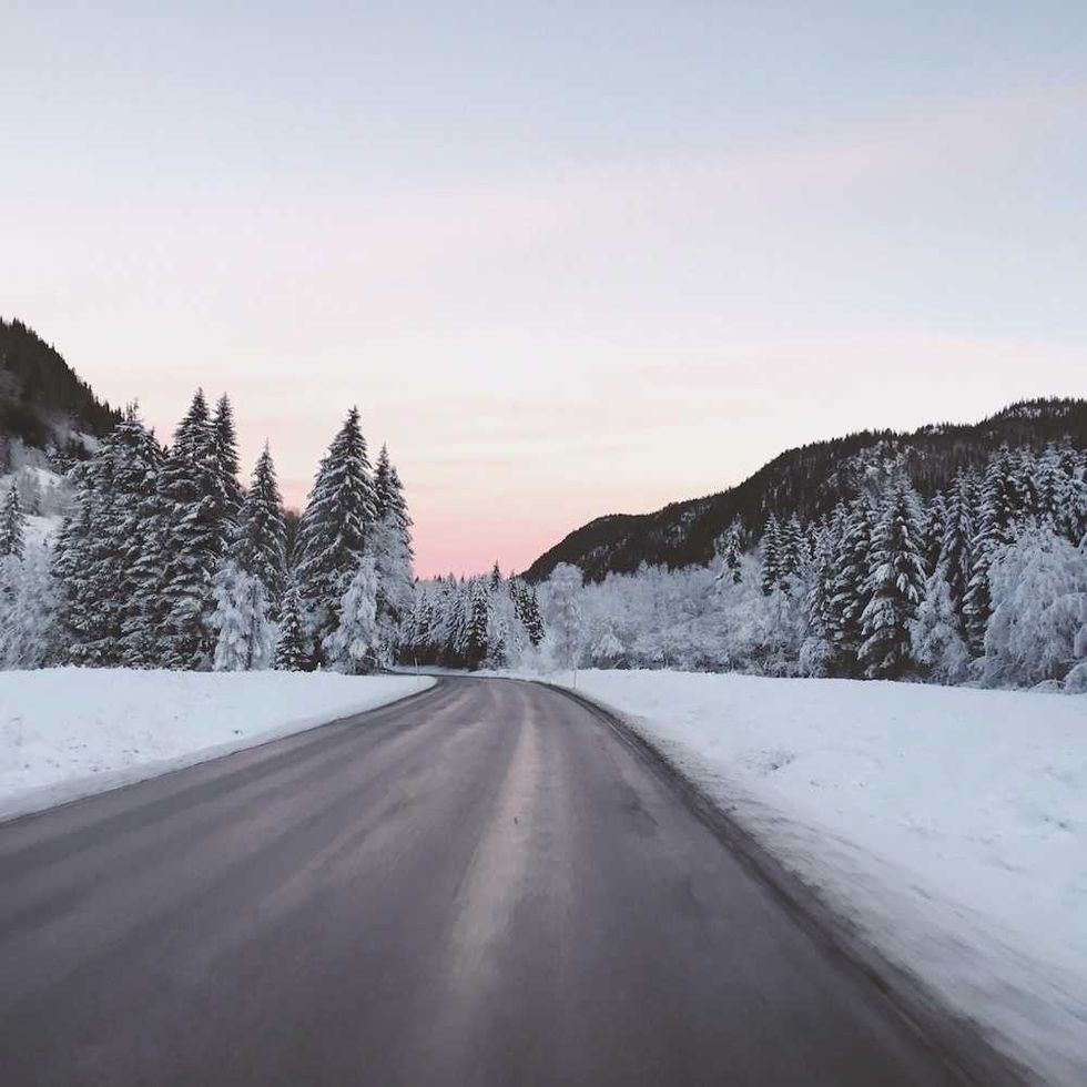 Snowy road curving through frosted pine trees under a pink and blue sky.