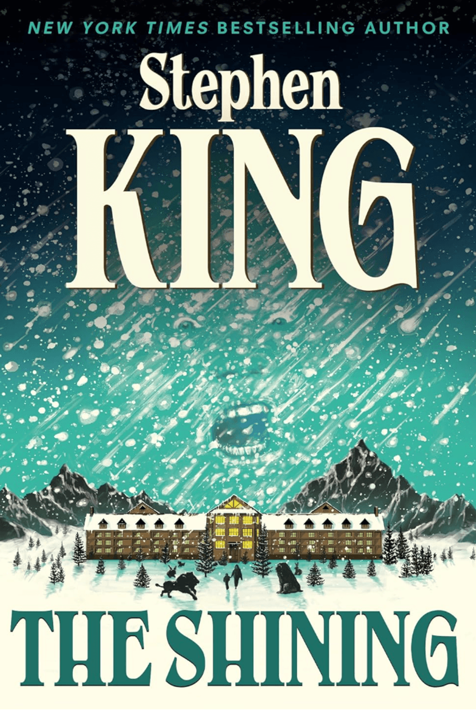 Snowy "The Shining" book cover with hotel and ghostly face in the sky.