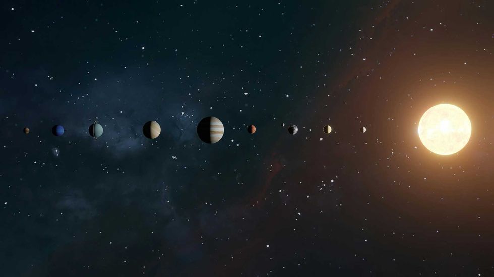 Solar system planets aligned in space with a bright sun on the right.